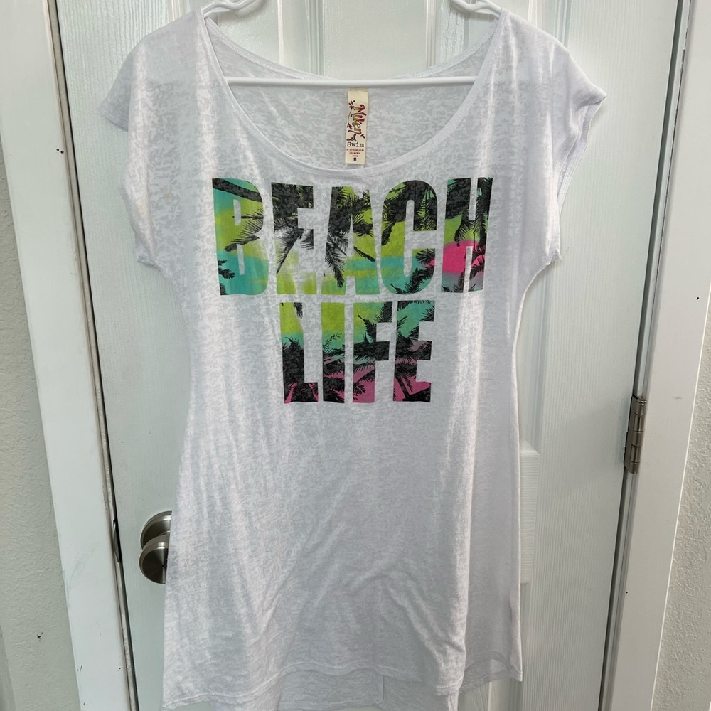 Miken White Sheer Beach Life Swim Coverup Shirt Dress
